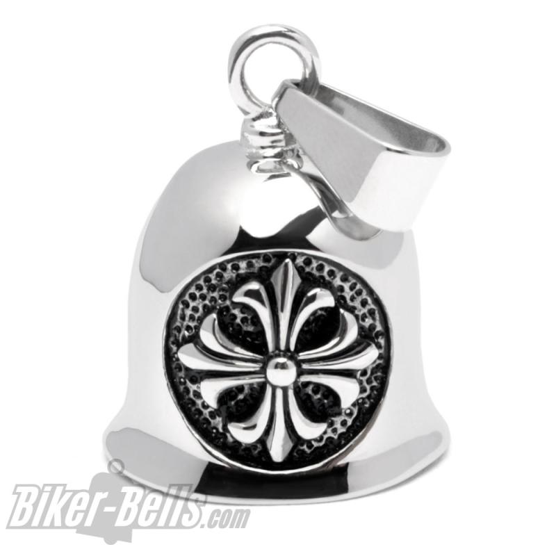 Biker-Bell aus Edelstahl mit Lilien-Kreuz Motorrad Glücksglocke silber Fleur de Lis